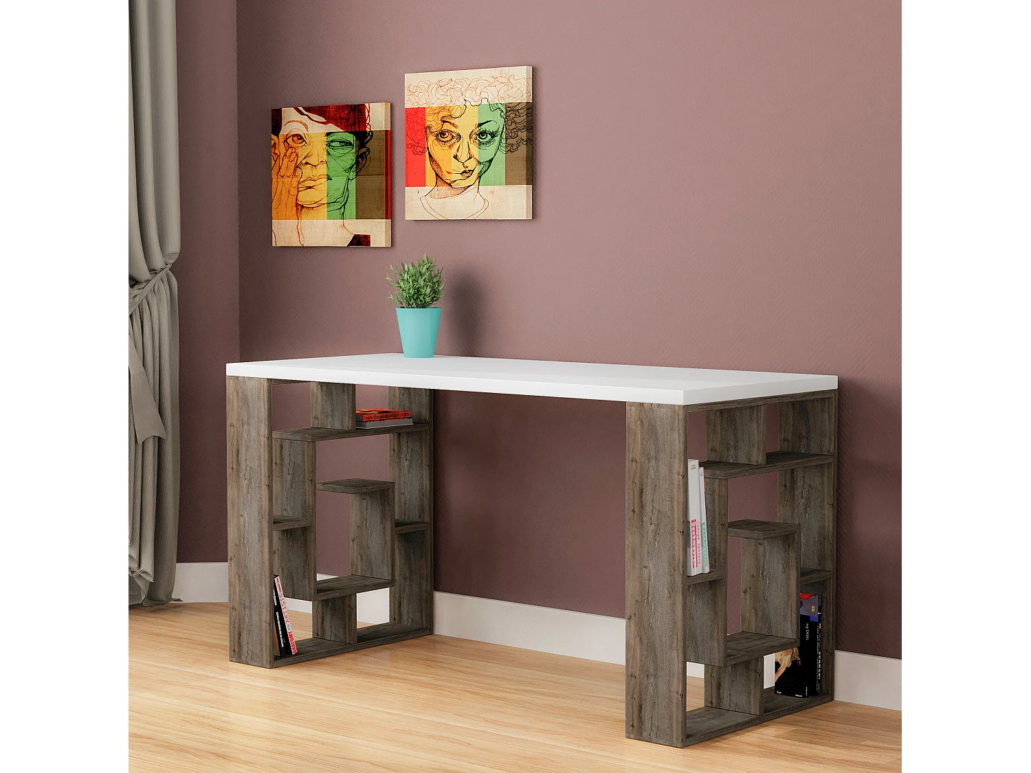 Arbeitstisch Labirent-Weiß-Dunkle Kaffee - 137 x 60 x 75 cm