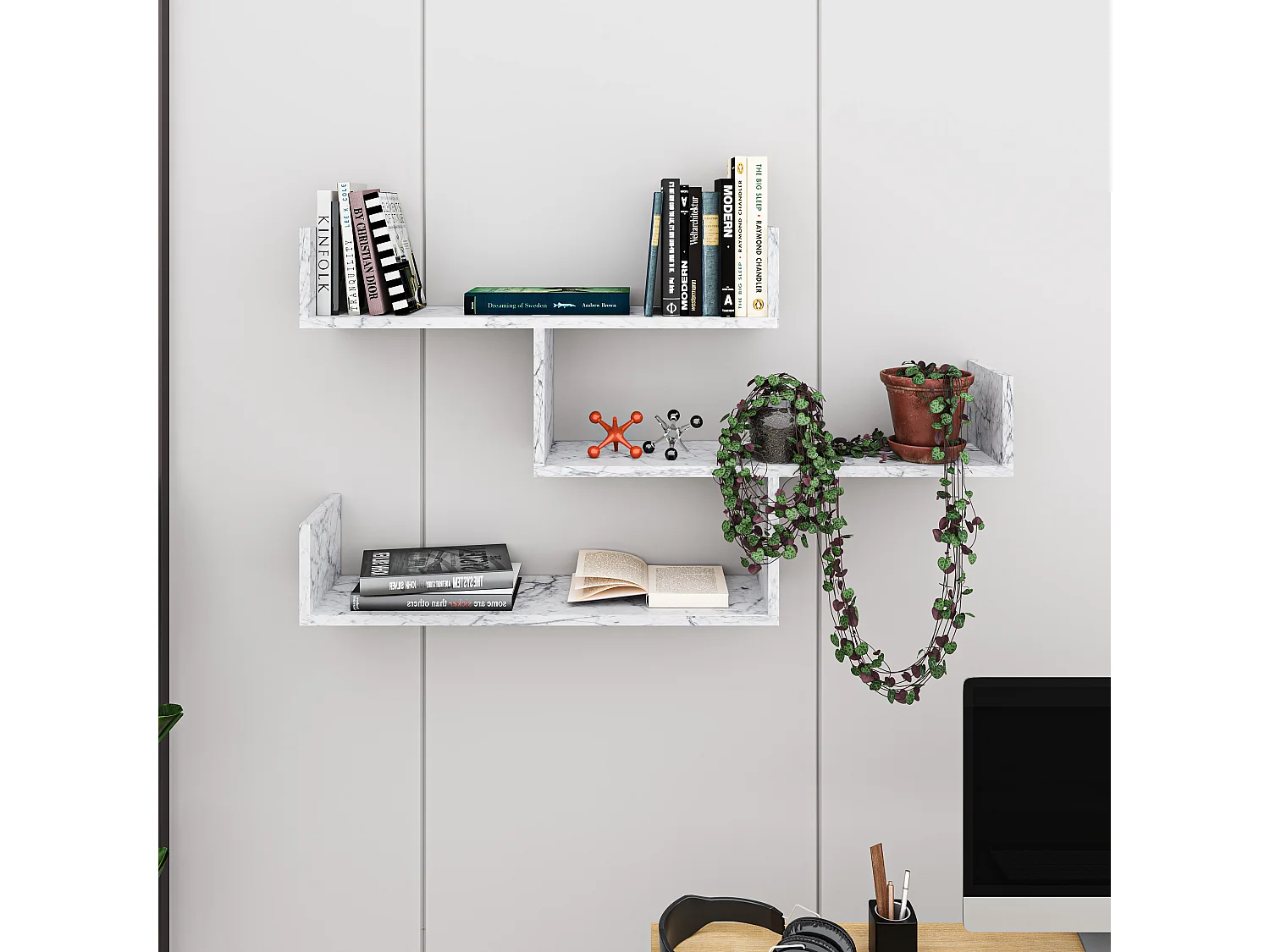 Decortie Effet Marbre Blanc 22x119x66.5cm Étagère murale flottante à 3 niveaux en aggloméré Unité de présentation Tibet