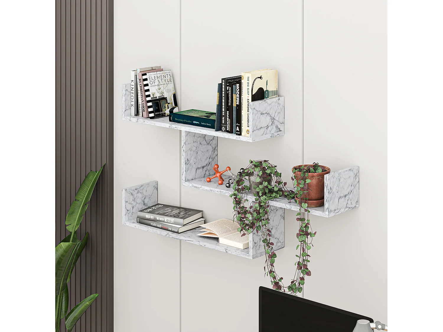 Decortie Effet Marbre Blanc 22x119x66.5cm Étagère murale flottante à 3 niveaux en aggloméré Unité de présentation Tibet