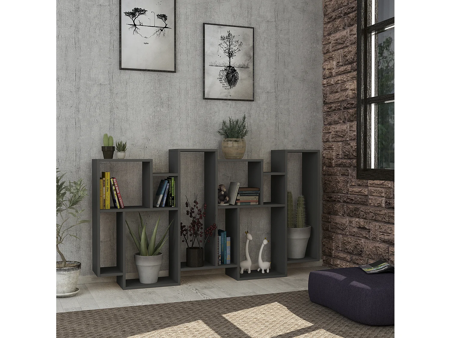 Decortie Gris Anthracite 25.5x96x168.5cm Bibliothèque à 10 compartiments Aggloméré Unité de présentation Karmato