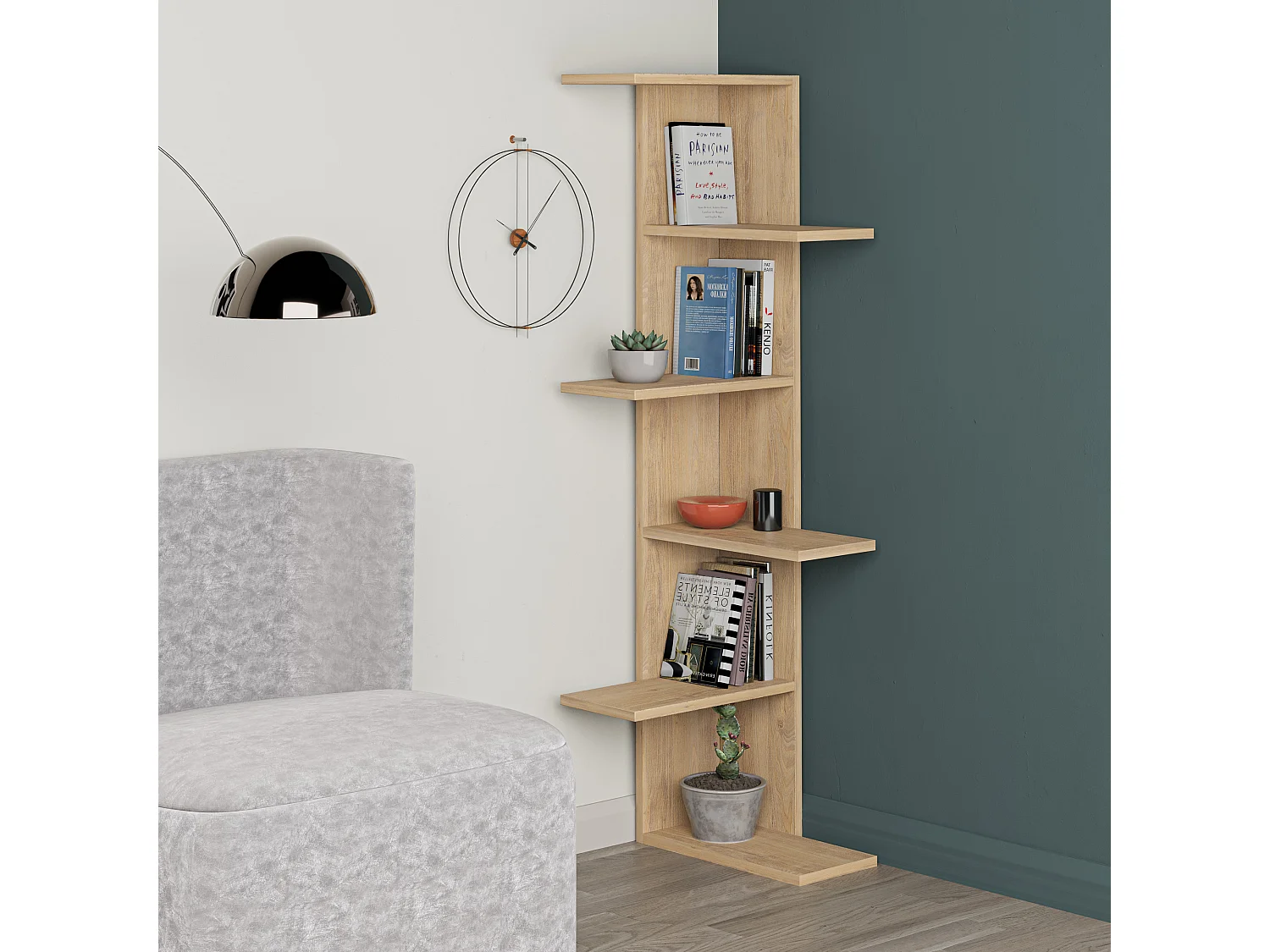 Decortie Eiken 24x37x141cm Hoekboekenkast met 5-laags Spaanplaat Weergave-eenheid Saso