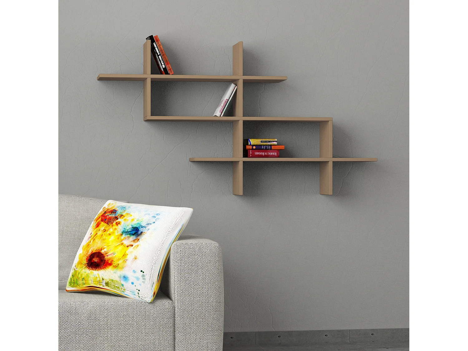 Decortie Gris Moka 22x150x82cm Étagère murale flottante à 3 niveaux, panneau de particules Unité d'affichage Halic