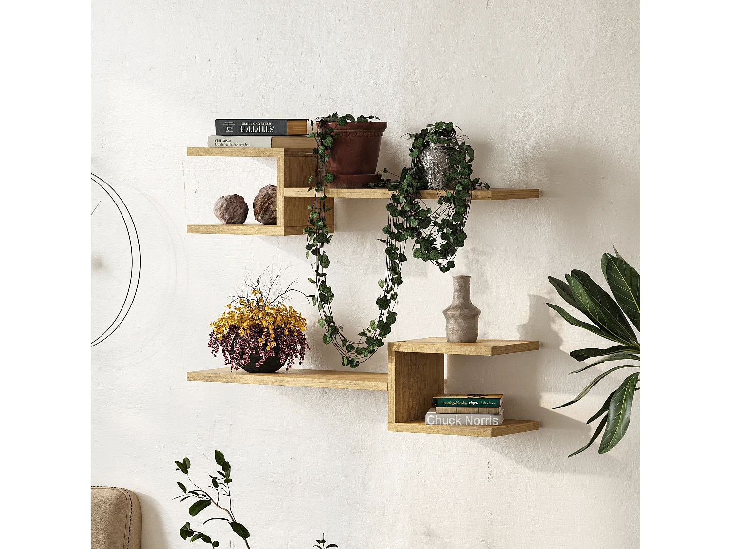 Decortie Chêne 19.6x75x18.2cm Étagère Murale Flottante avec 2 Pièces Aggloméré Unité d'affichage Fork