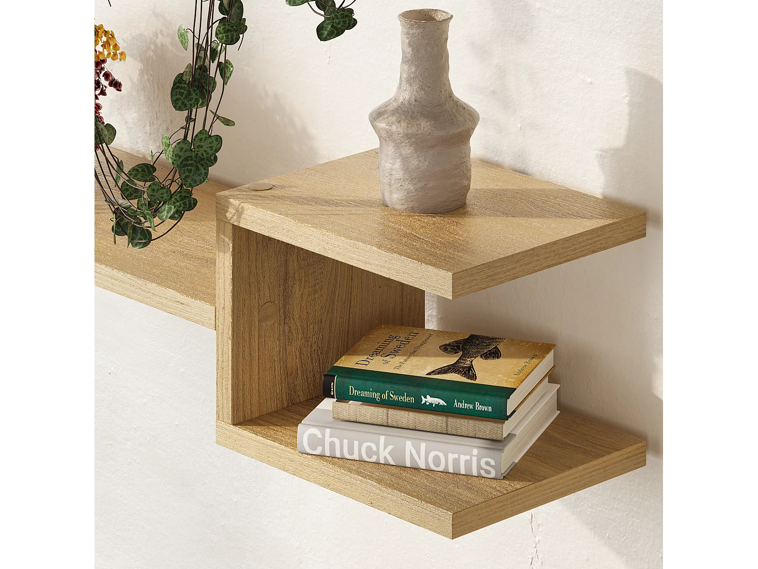 Decortie Chêne 19.6x75x18.2cm Étagère Murale Flottante avec 2 Pièces Aggloméré Unité d'affichage Fork
