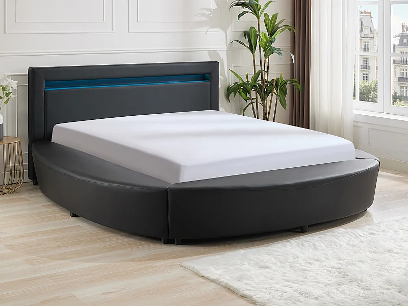 Bett 180 x 200 cm - Mit LED-Beleuchtung - Kunstleder - Schwarz + Matratze - ABULIS III