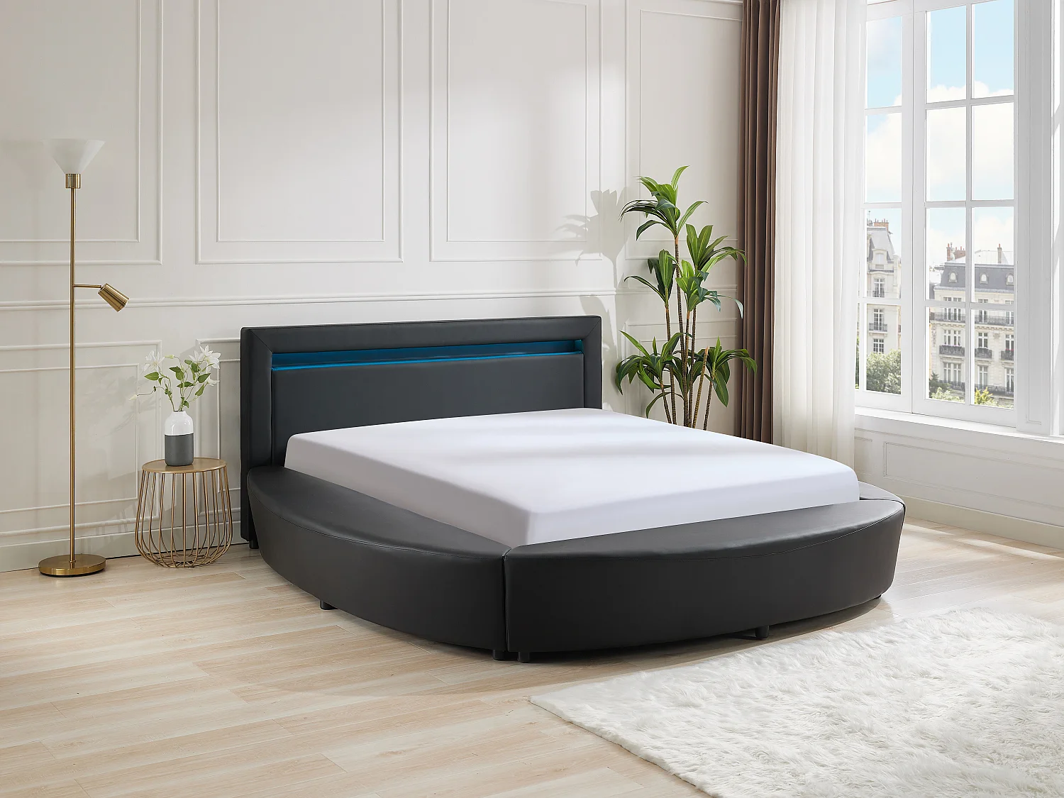 Lit rond 160 x 200 cm - Avec LEDs - Simili - Noir + Matelas - ABULIS III