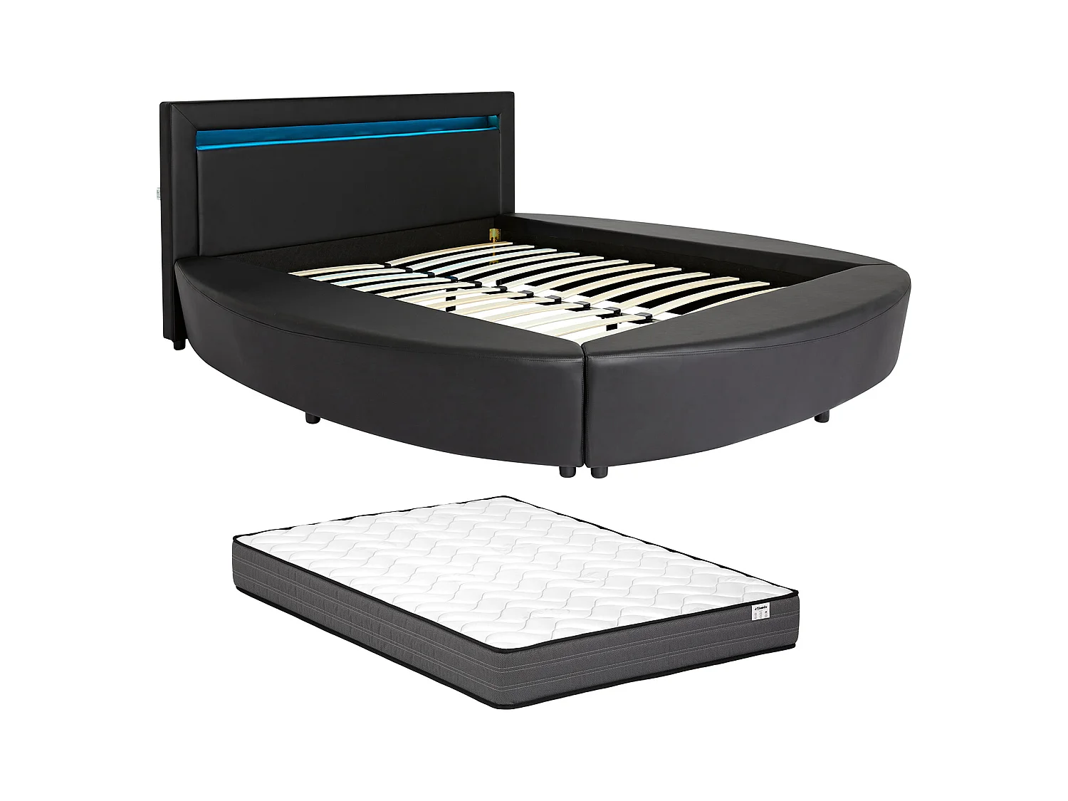Lit rond 160 x 200 cm - Avec LEDs - Simili - Noir + Matelas - ABULIS III