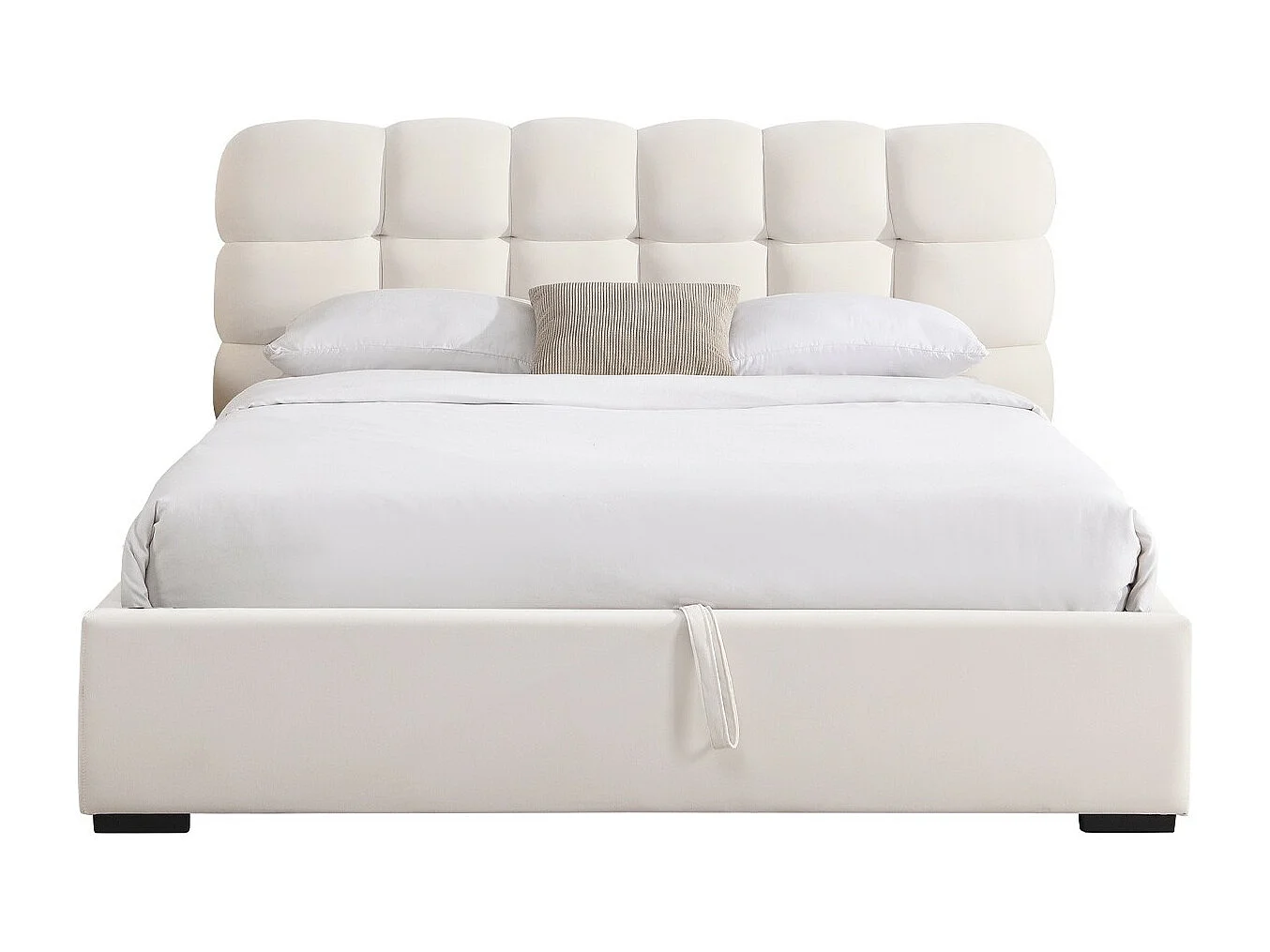 Lit coffre adulte 160x200 cm avec sommier et tête de lit capitonnée en velours beige - Lola