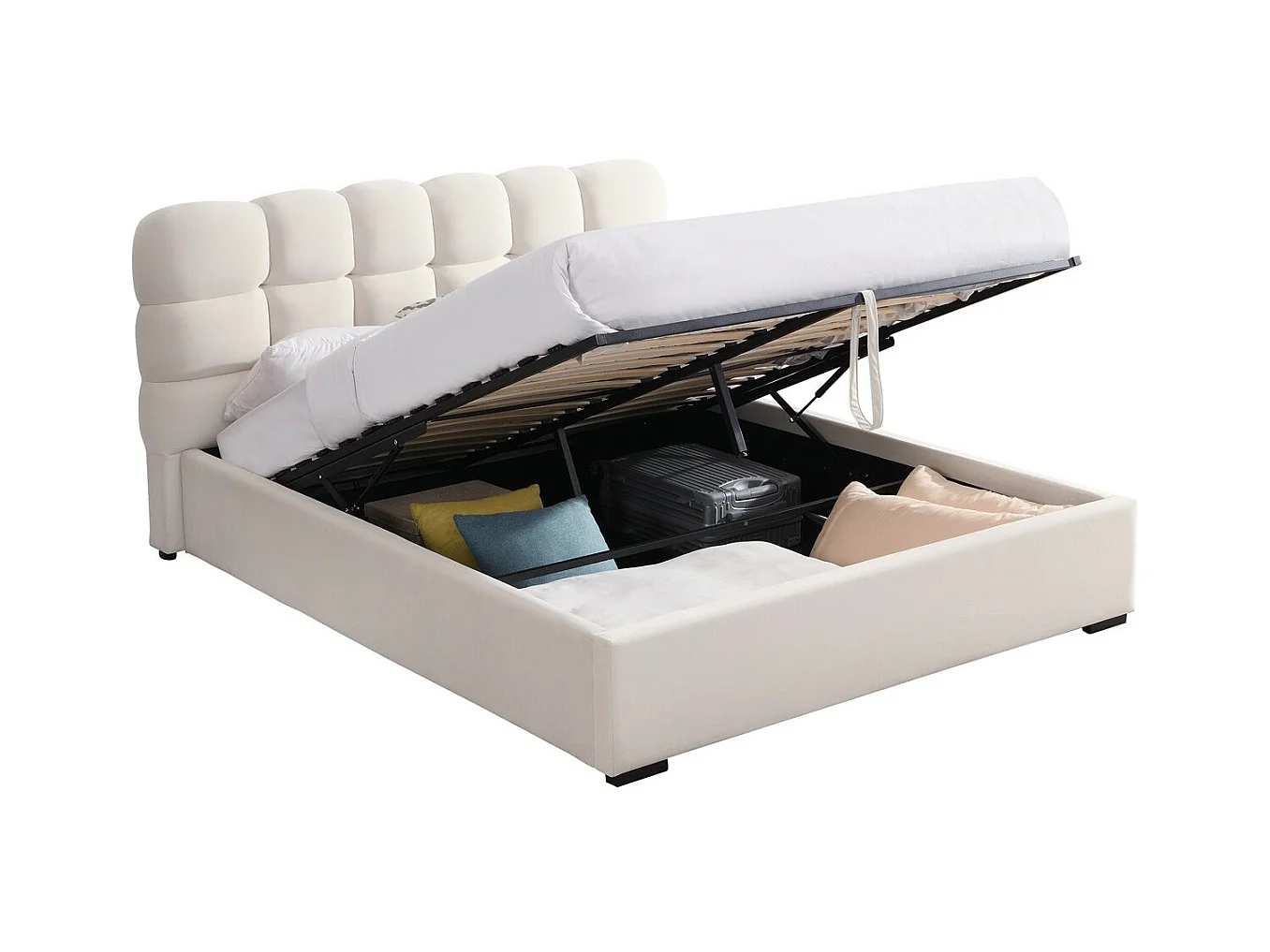 Lit coffre adulte 160x200 cm avec sommier et tête de lit capitonnée en velours beige - Lola