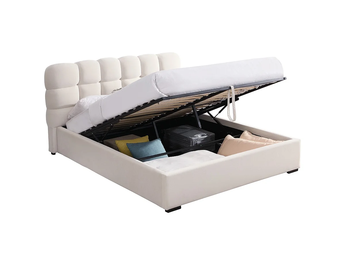 Lit coffre adulte 160x200 cm avec sommier et tête de lit capitonnée en velours beige - Lola