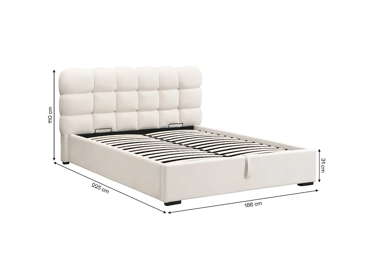 Lit coffre adulte 160x200 cm avec sommier et tête de lit capitonnée en velours beige - Lola