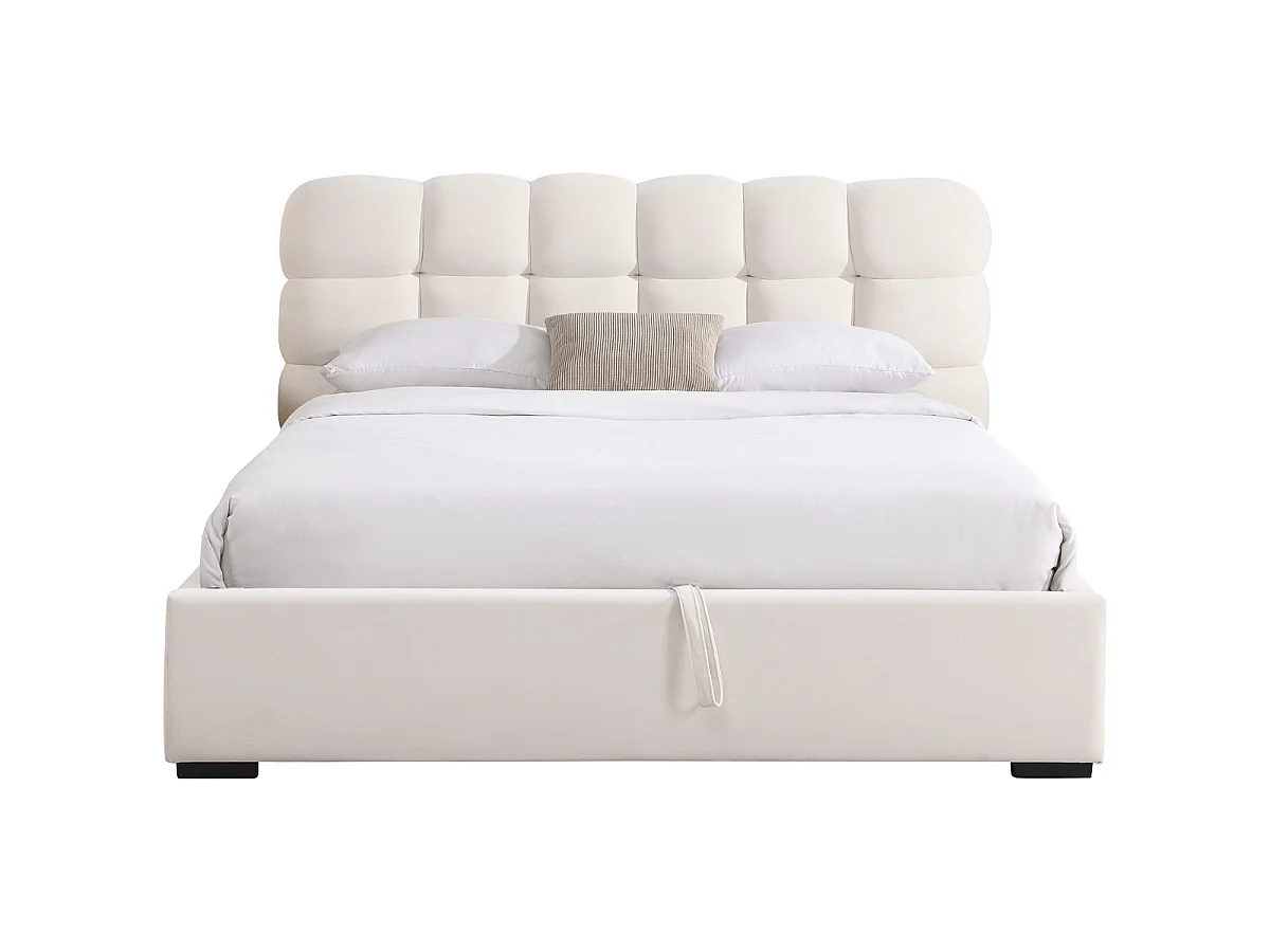 Lit coffre adulte 160x200 cm avec sommier et tête de lit capitonnée en velours beige - Lola
