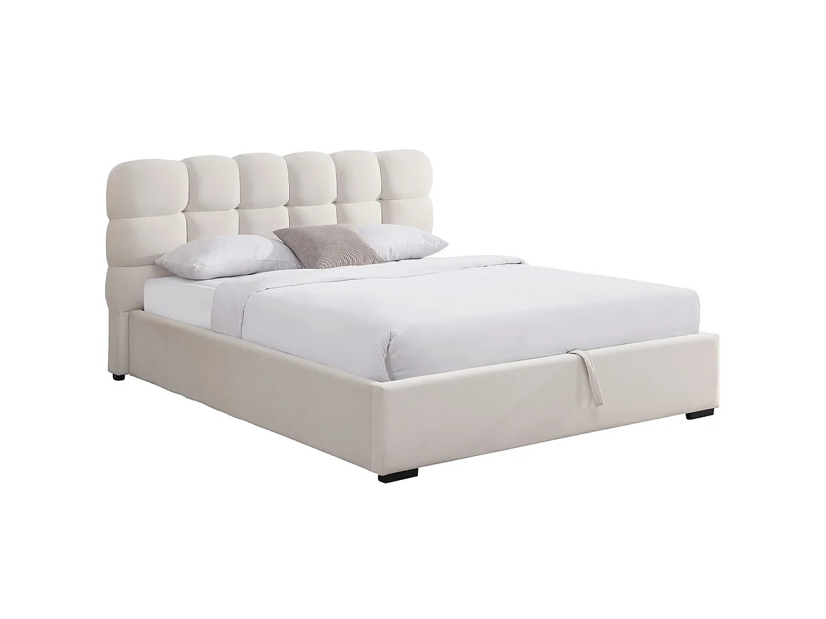 Lit coffre adulte 160x200 cm avec sommier et tête de lit capitonnée en velours beige - Lola
