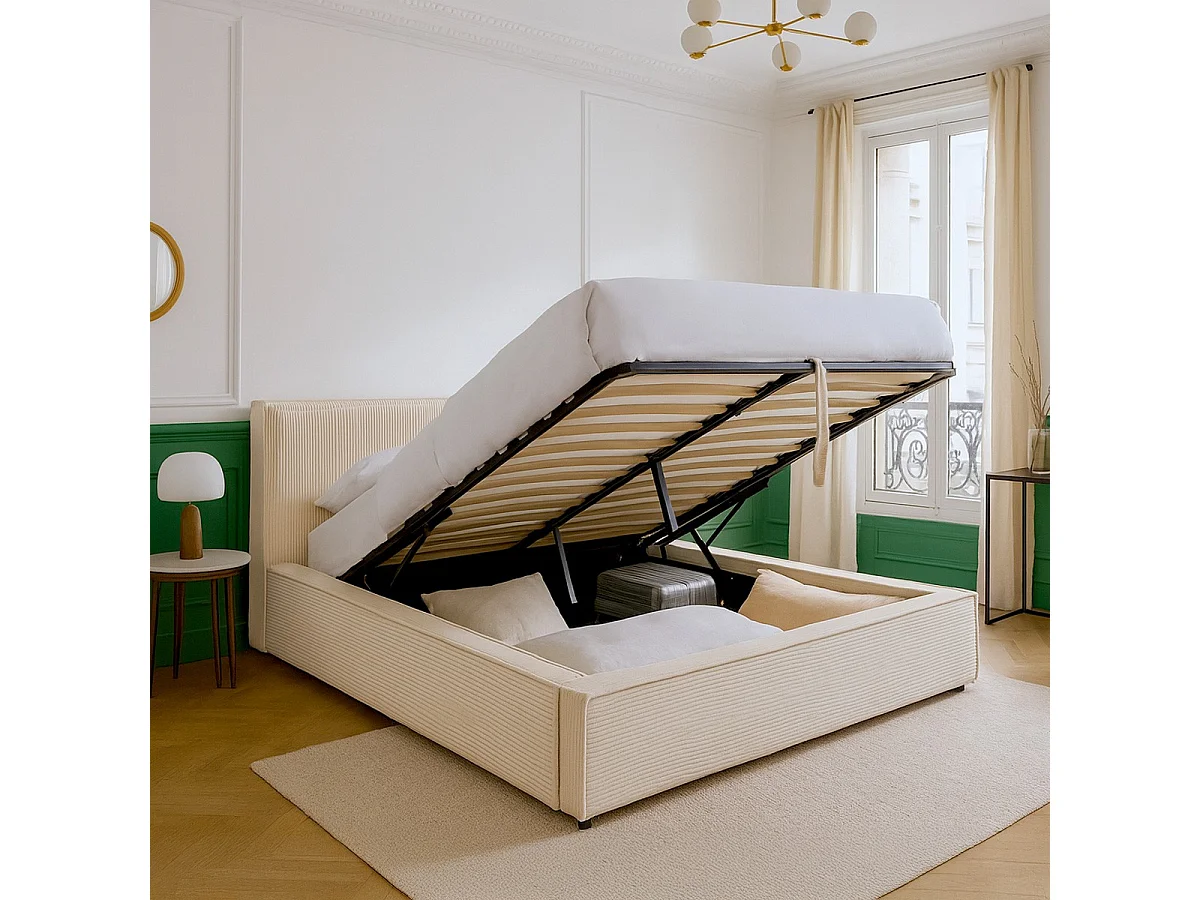 Lit coffre adulte 180x200 cm avec sommier et tête de lit matelassée en velours côtelé beige - Arno
