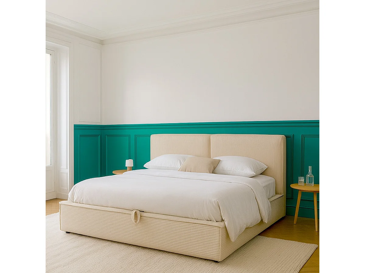 Lit coffre adulte 180x200 cm avec sommier et tête de lit matelassée en velours côtelé beige - Arno