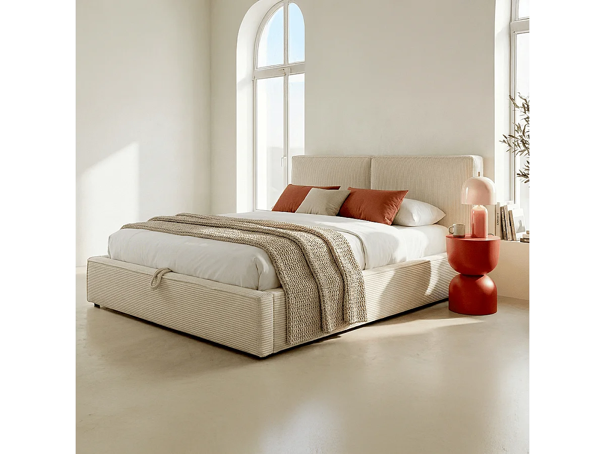 Lit coffre adulte 180x200 cm avec sommier et tête de lit matelassée en velours côtelé beige - Arno