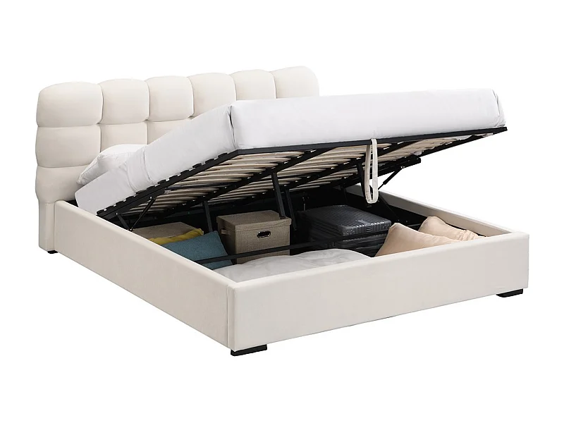 Lit coffre adulte 180x200 cm avec sommier et tête de lit capitonnée en velours beige - Lola
