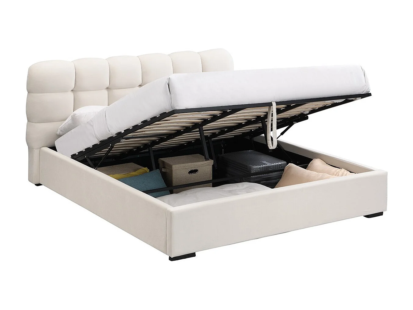 Lit coffre adulte 180x200 cm avec sommier et tête de lit capitonnée en velours beige - Lola