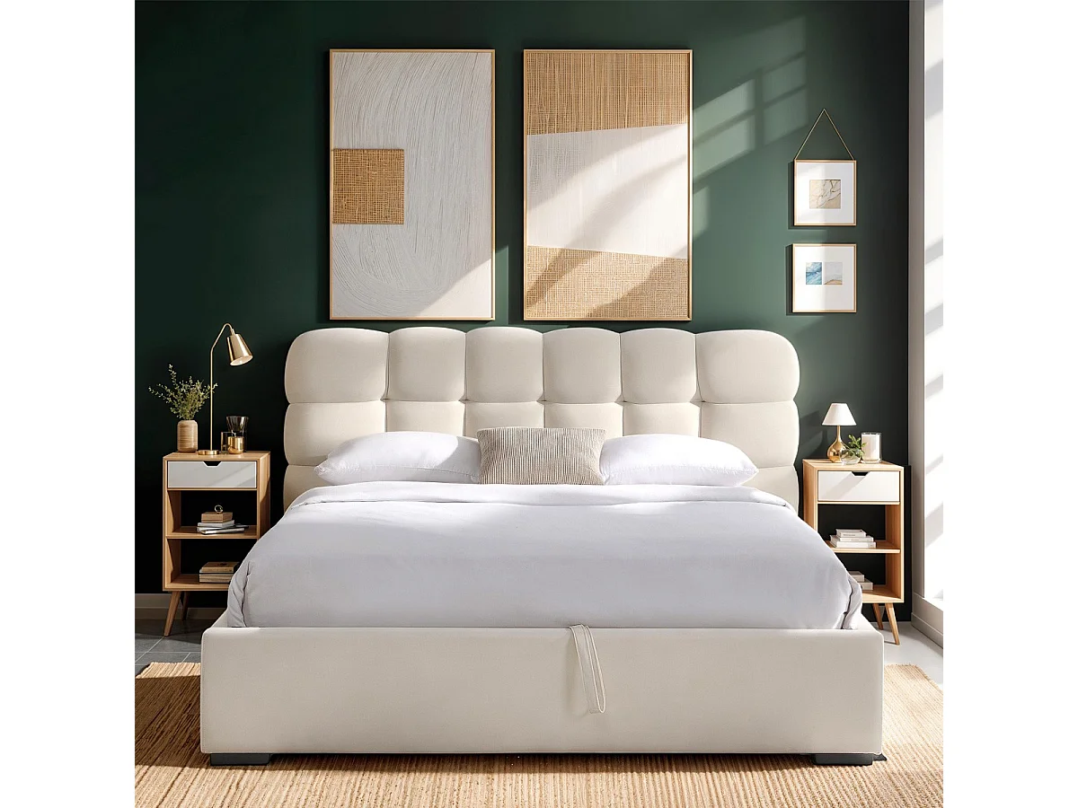 Lit coffre adulte 180x200 cm avec sommier et tête de lit capitonnée en velours beige - Lola
