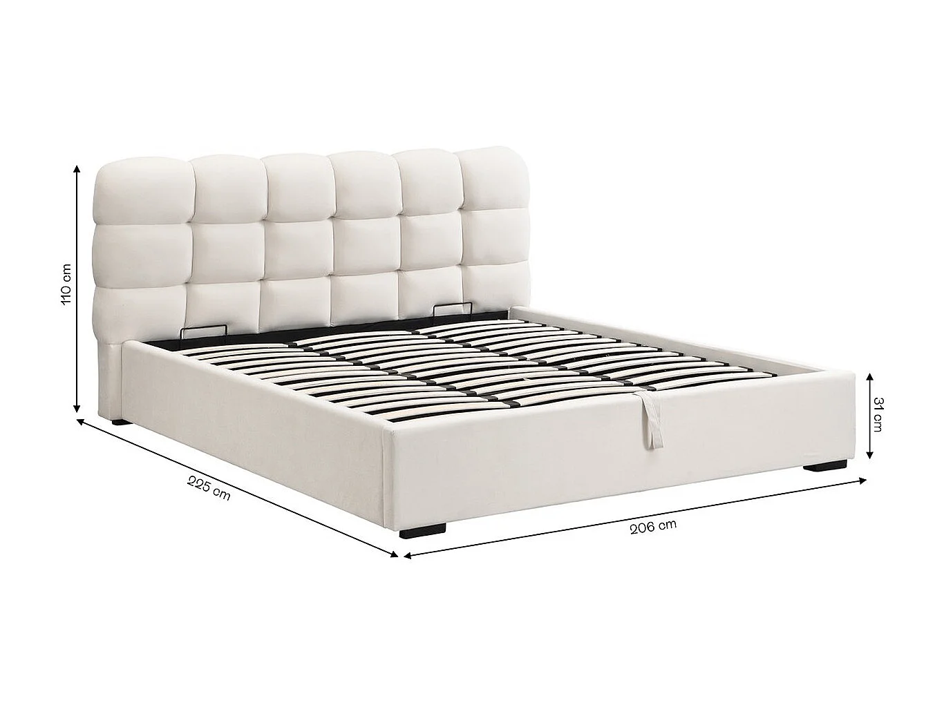 Lit coffre adulte 180x200 cm avec sommier et tête de lit capitonnée en velours beige - Lola