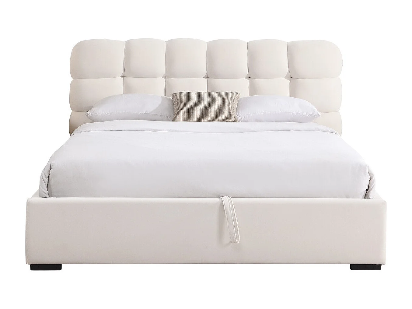 Lit coffre adulte 180x200 cm avec sommier et tête de lit capitonnée en velours beige - Lola