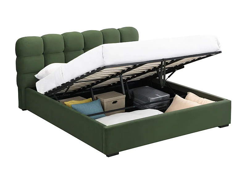 Lit coffre adulte 180x200 cm avec sommier et tête de lit capitonnée en velours vert kaki - Lola