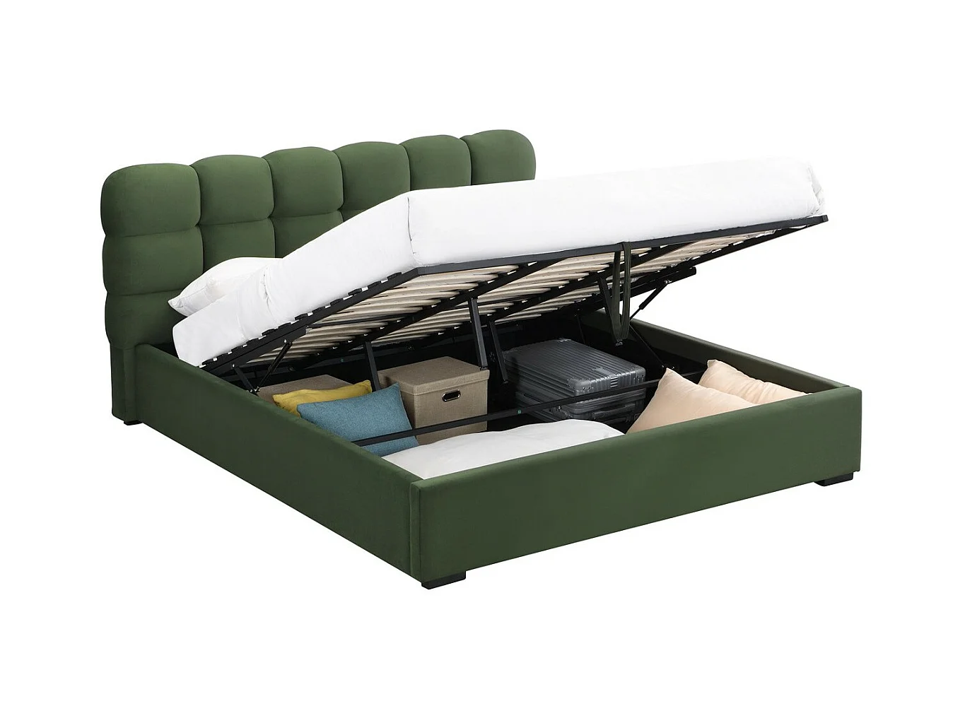 Lit coffre adulte 180x200 cm avec sommier et tête de lit capitonnée en velours vert kaki - Lola