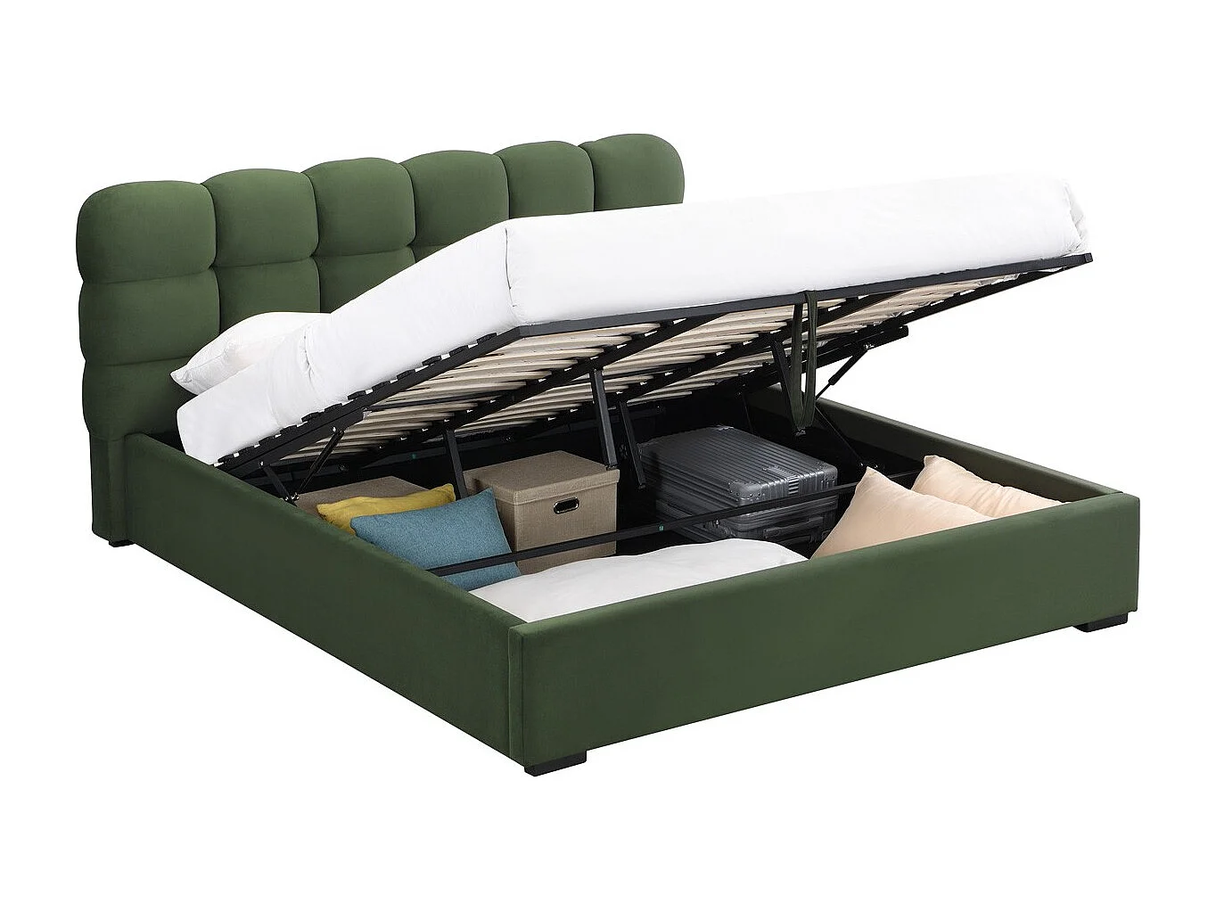 Lit coffre adulte 180x200 cm avec sommier et tête de lit capitonnée en velours vert kaki - Lola