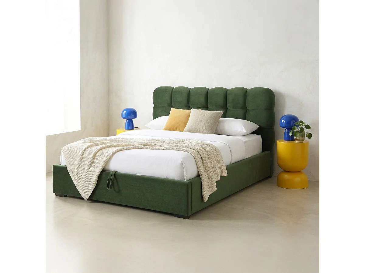 Lit coffre adulte 180x200 cm avec sommier et tête de lit capitonnée en velours vert kaki - Lola