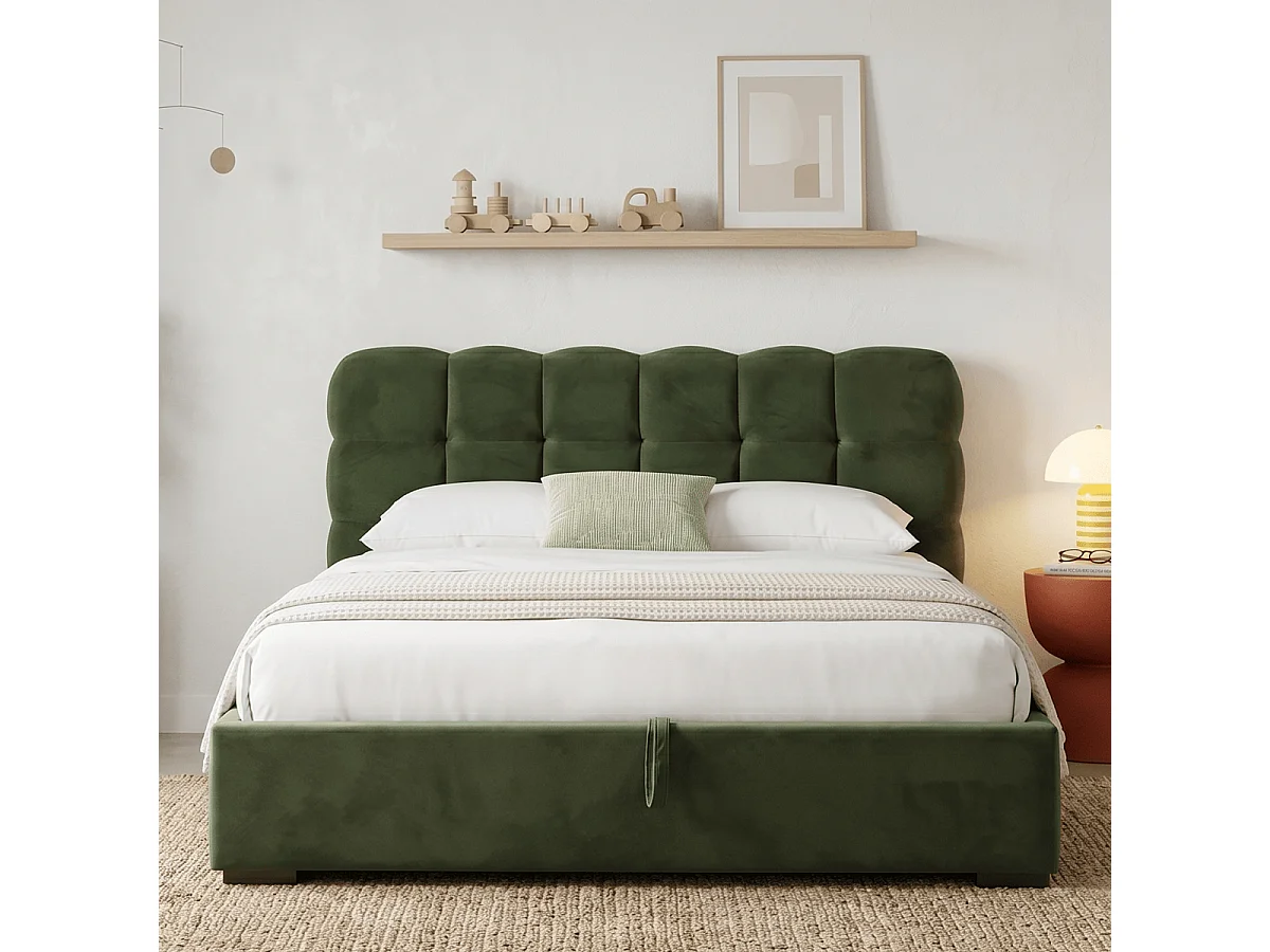 Lit coffre adulte 180x200 cm avec sommier et tête de lit capitonnée en velours vert kaki - Lola