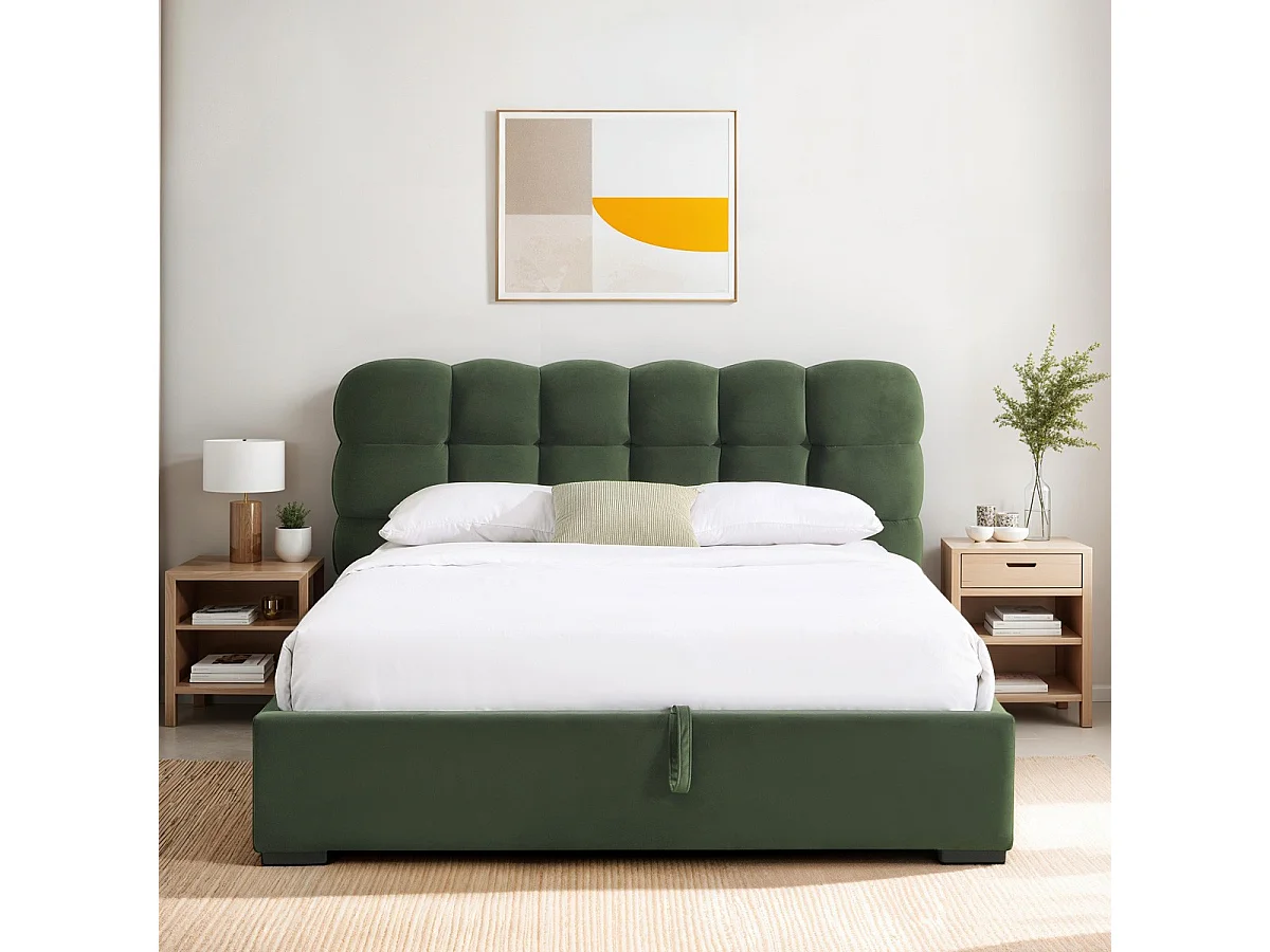 Lit coffre adulte 160x200 cm avec sommier et tête de lit capitonnée en velours vert kaki - Lola