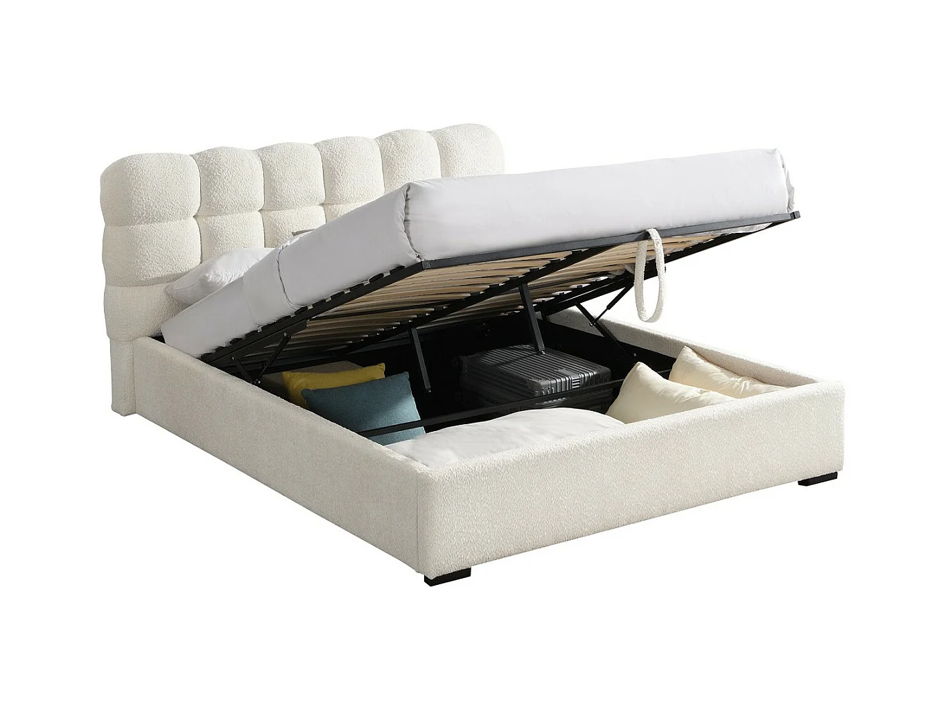 Lit coffre adulte 160x200 cm avec sommier et tête de lit capitonnée en tissu bouclé beige - Lola