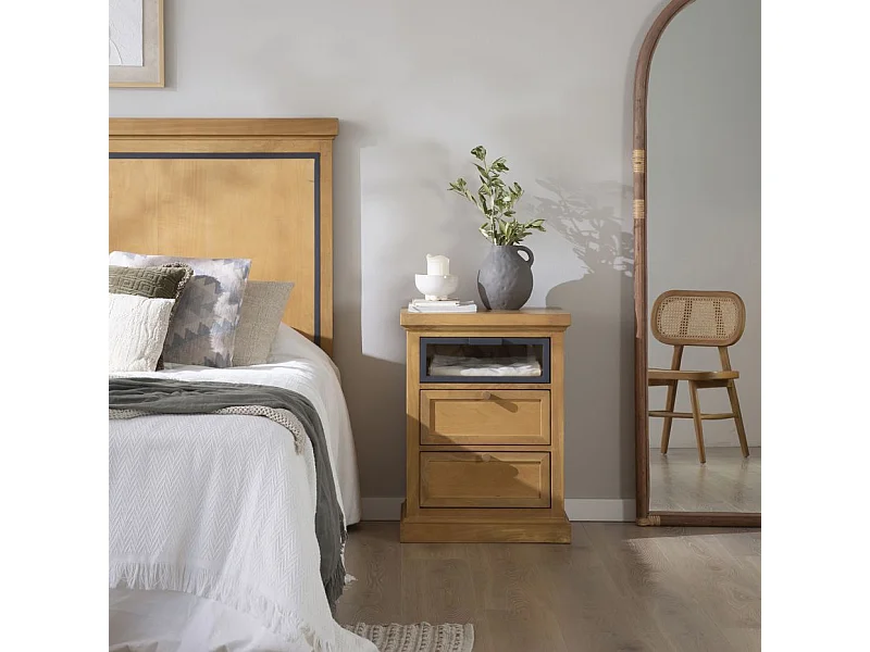 Comodino legno massiccio di mango e metallo naturale 40x69