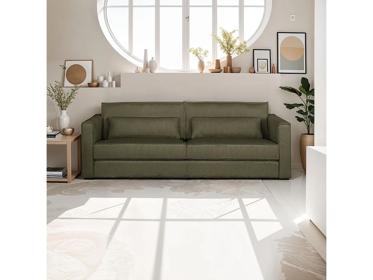 Canapé 3 places en velours côtelé vert kaki - Oria