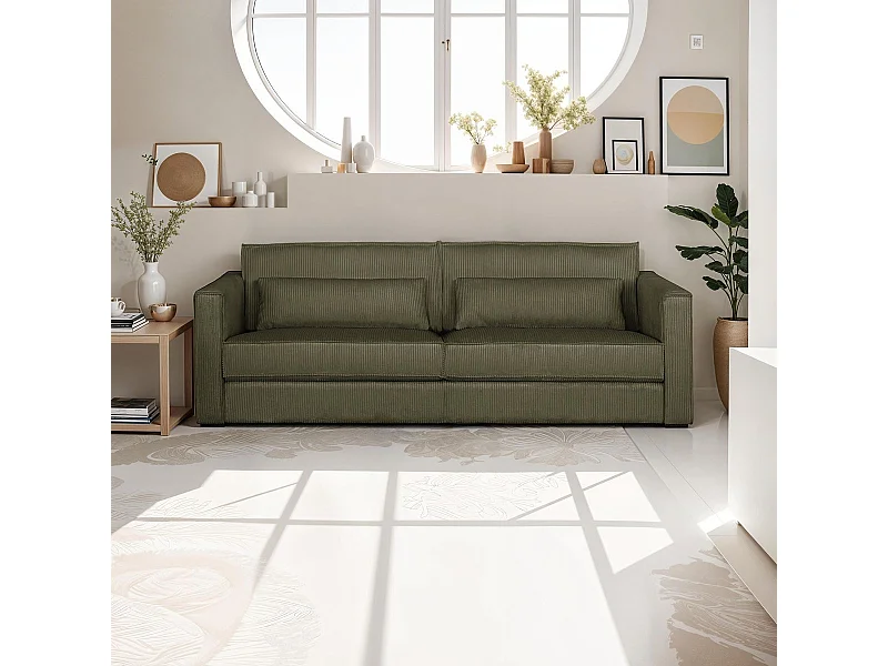 Canapé 3 places en velours côtelé vert kaki - Oria