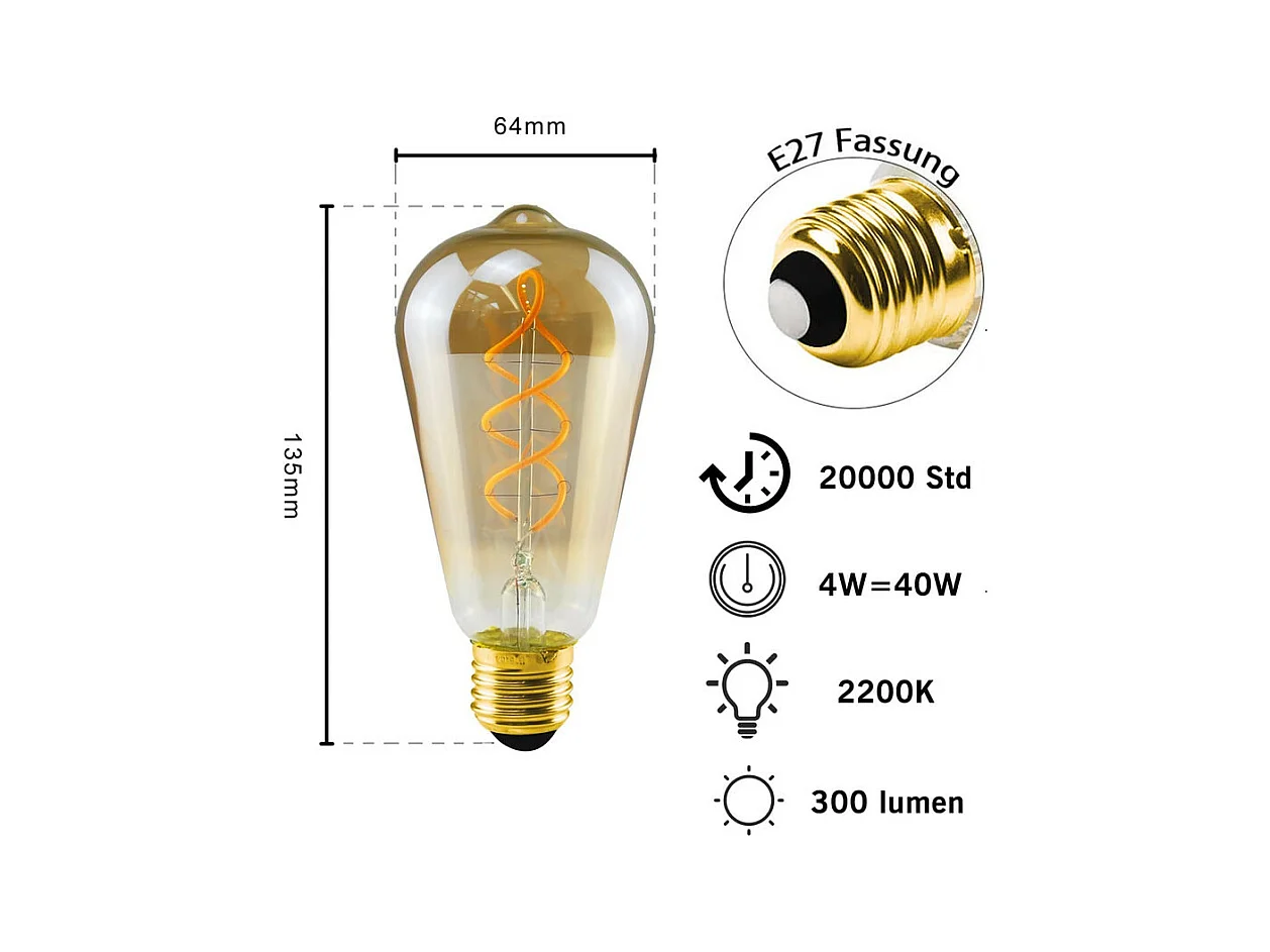 NETTLIFE, 3 ampollas LED E27, lámpara vintage ST64, ampolla rétro, blanco cálido, 4W, ampolla de filamento, 2200K.
