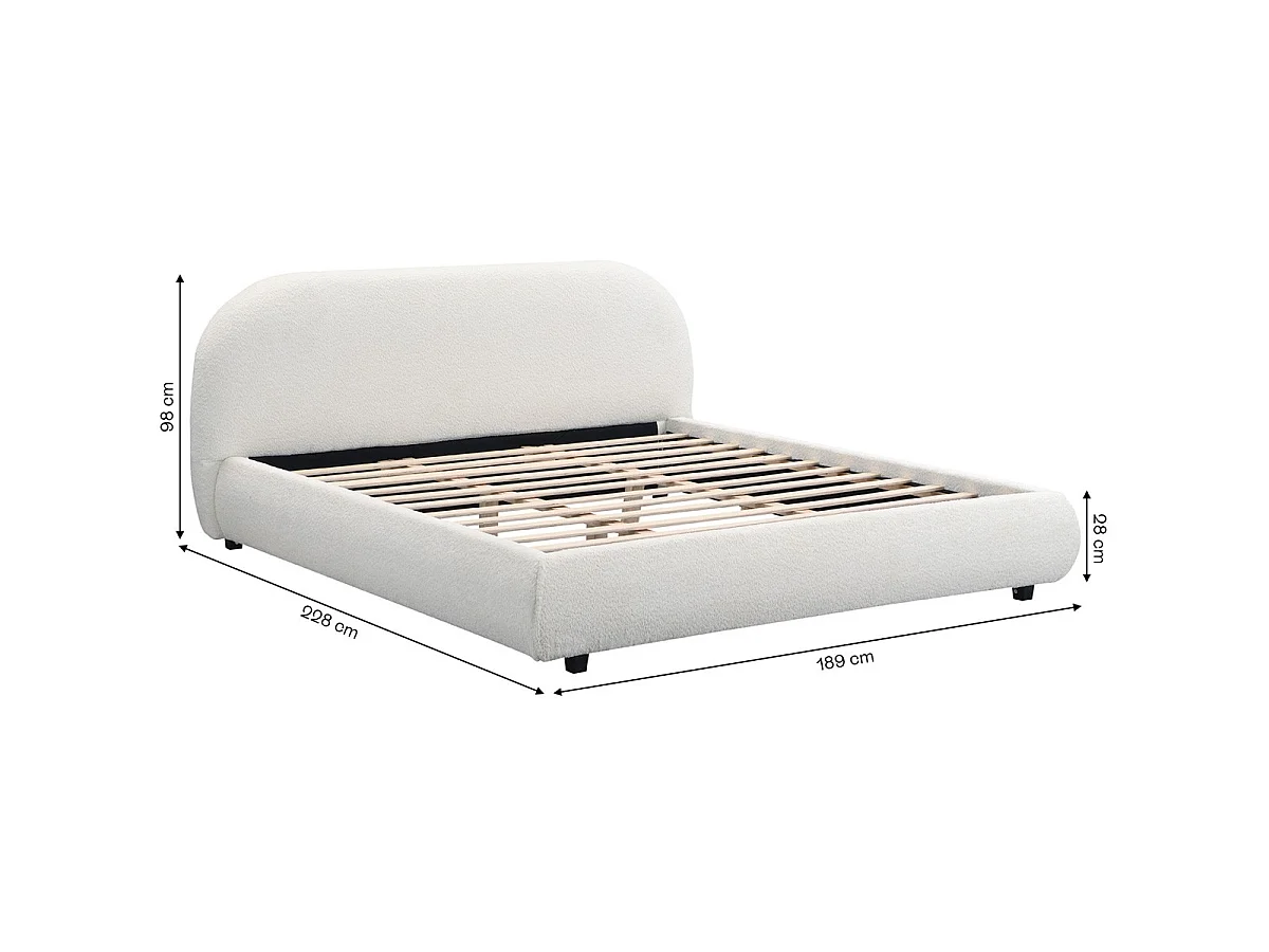 Lit adulte 180x200 cm avec sommier et tête de lit matelassée en tissu bouclé beige - Maddie