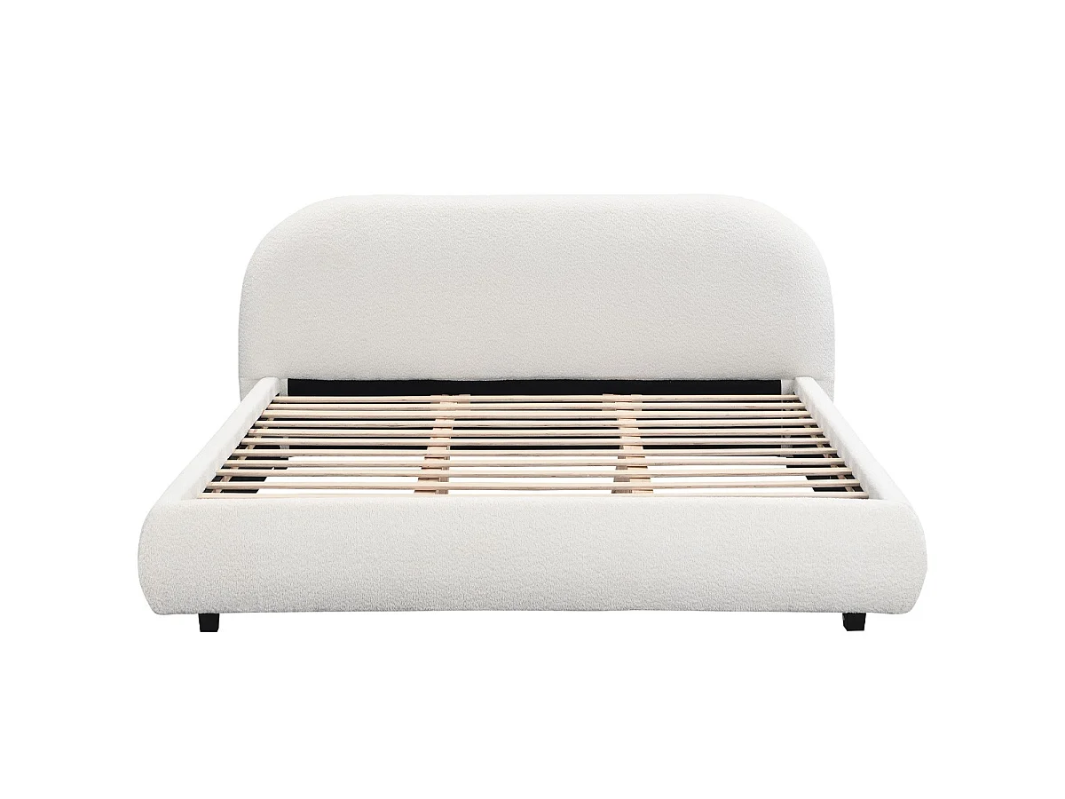 Lit adulte 180x200 cm avec sommier et tête de lit matelassée en tissu bouclé beige - Maddie