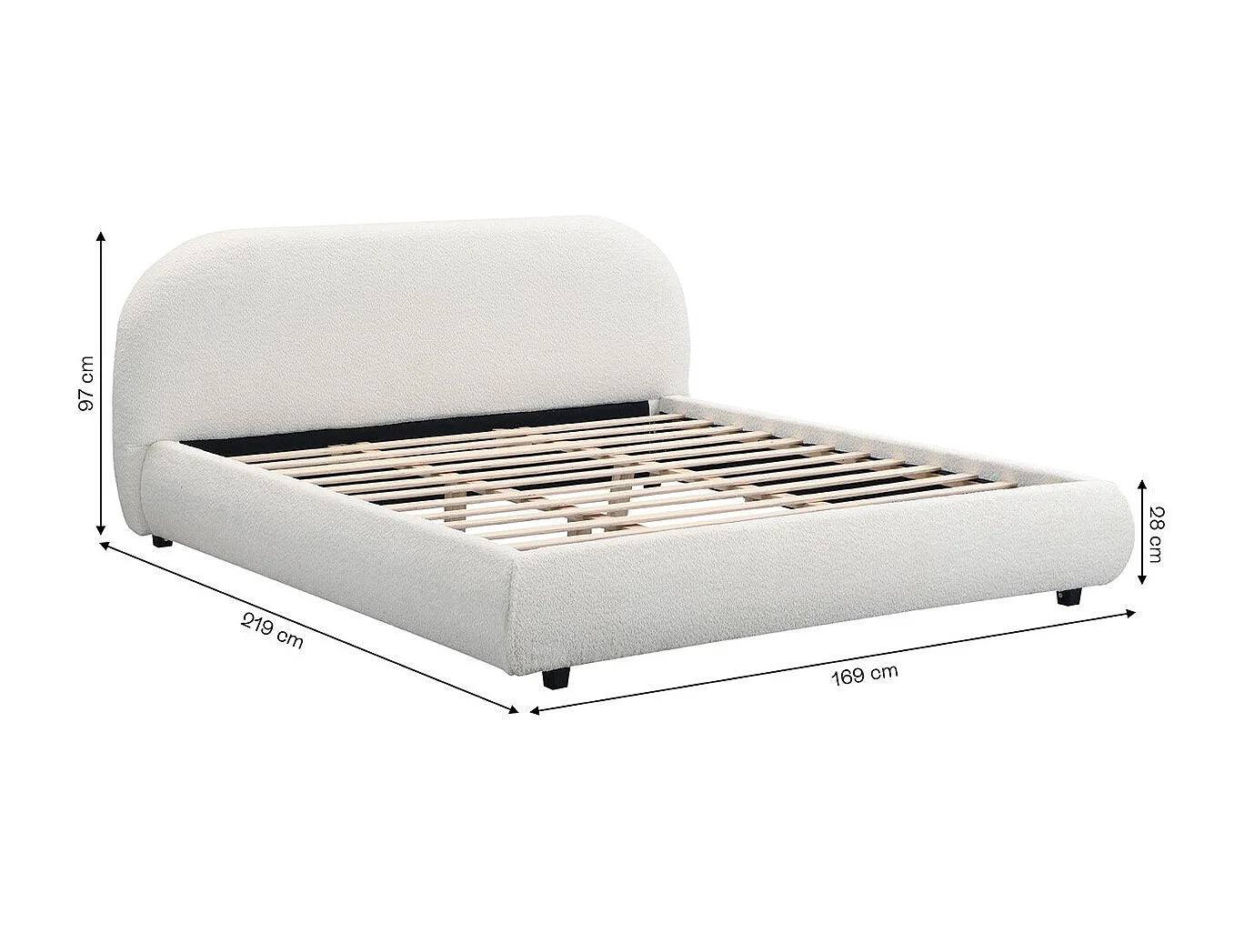 Lit adulte 140x190 cm avec sommier et tête de lit matelassée en tissu bouclé beige - Maddie