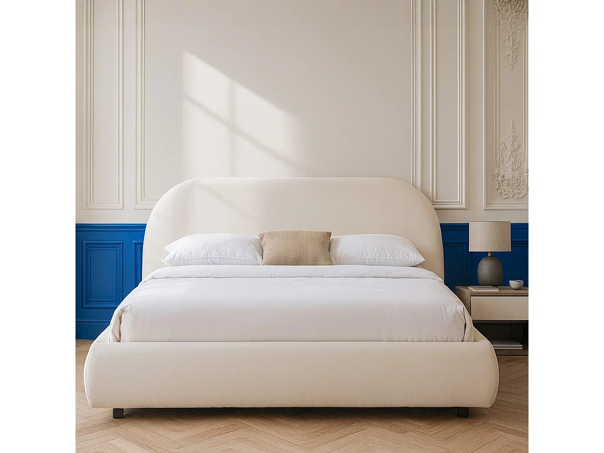 Lit adulte 140x190 cm avec sommier et tête de lit matelassée en velours beige - Maddie