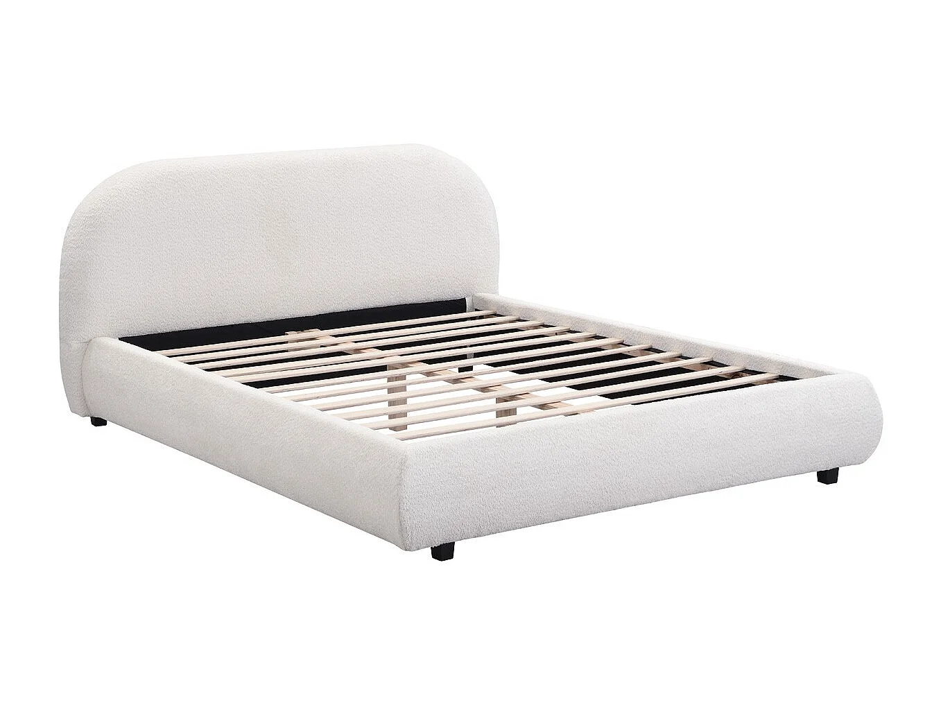 Lit adulte 160x200 cm avec sommier et tête de lit matelassée en tissu bouclé beige - Maddie