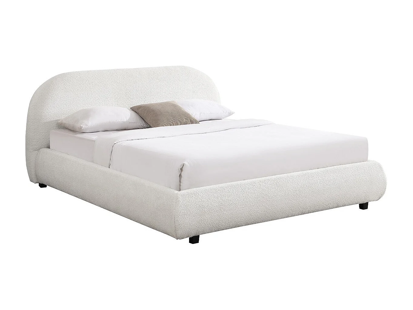 Lit adulte 160x200 cm avec sommier et tête de lit matelassée en tissu bouclé beige - Maddie