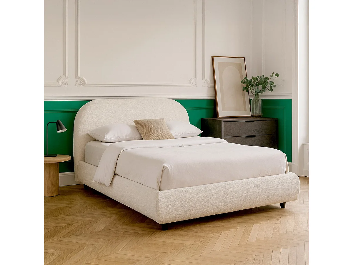 Lit adulte 160x200 cm avec sommier et tête de lit matelassée en tissu bouclé beige - Maddie