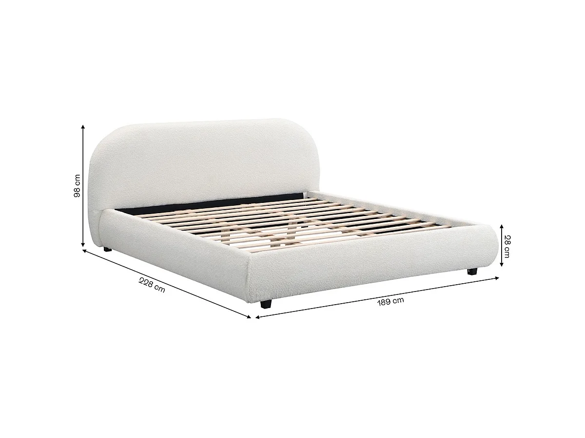 Lit adulte 160x200 cm avec sommier et tête de lit matelassée en tissu bouclé beige - Maddie