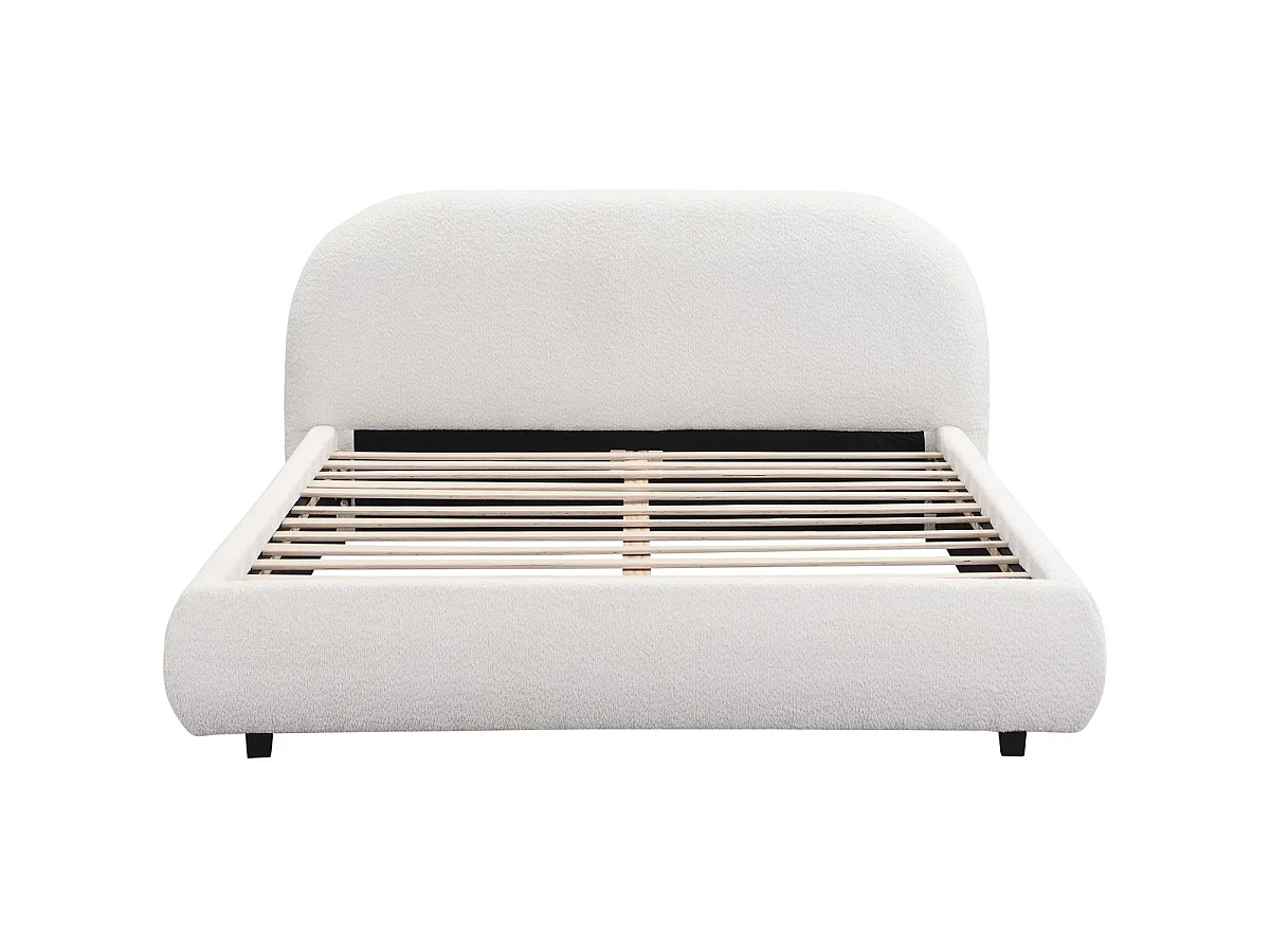Lit adulte 160x200 cm avec sommier et tête de lit matelassée en tissu bouclé beige - Maddie