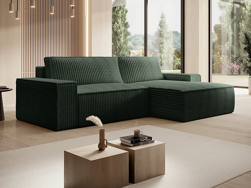 Canapé d'angle droit convertible en velours côtelé grosses côtes vert AMELIA