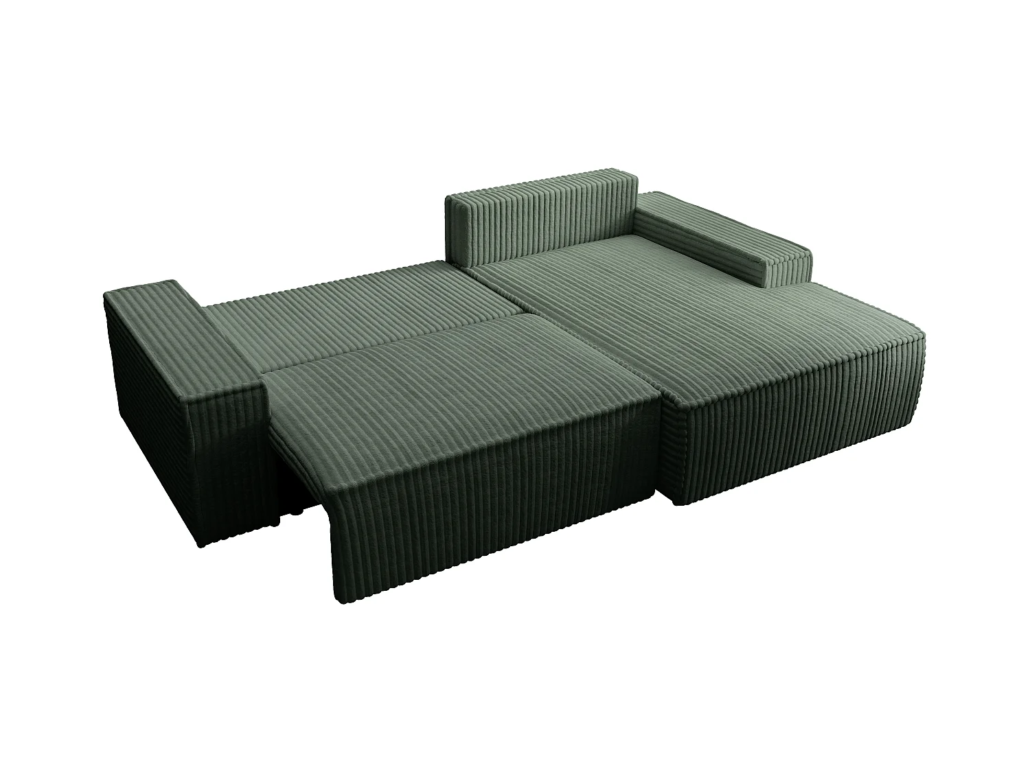 Hoekslaapbank met hoek rechts van groen ribfluweel met brede ribbels AMELIA