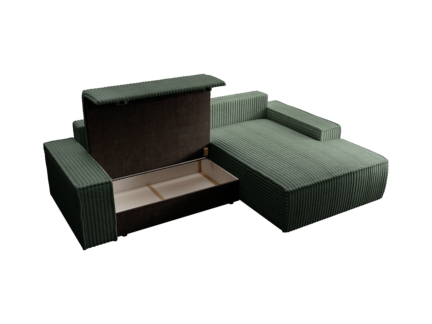 Hoekslaapbank met hoek rechts van groen ribfluweel met brede ribbels AMELIA