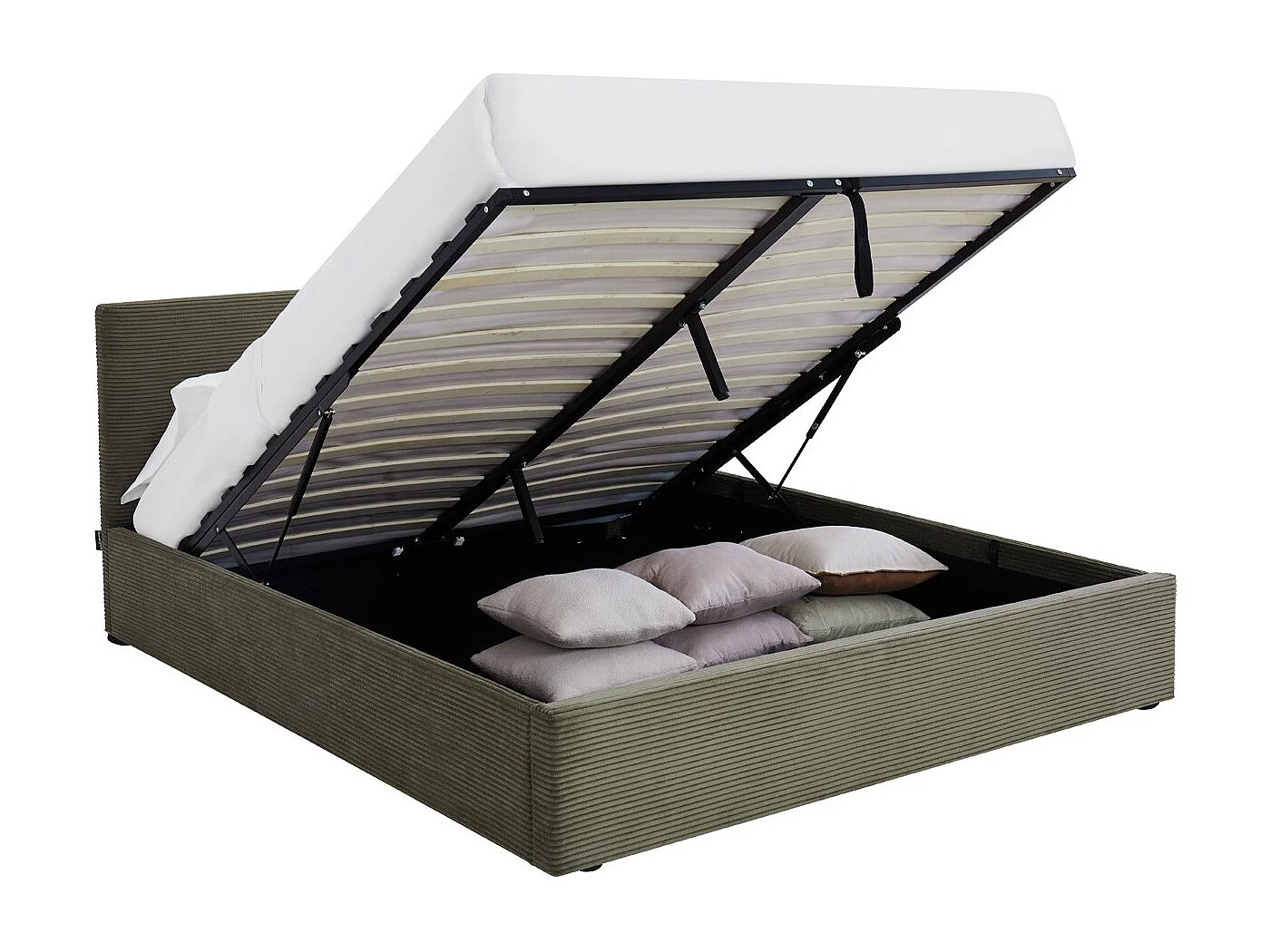 Lit coffre adulte 160x200 cm avec tête de lit matelassée en velours côtelé vert et sommier - Tina