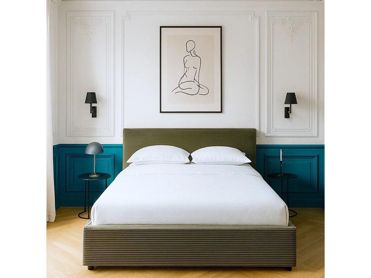 Lit coffre adulte 160x200 cm avec tête de lit matelassée en velours côtelé vert et sommier - Tina